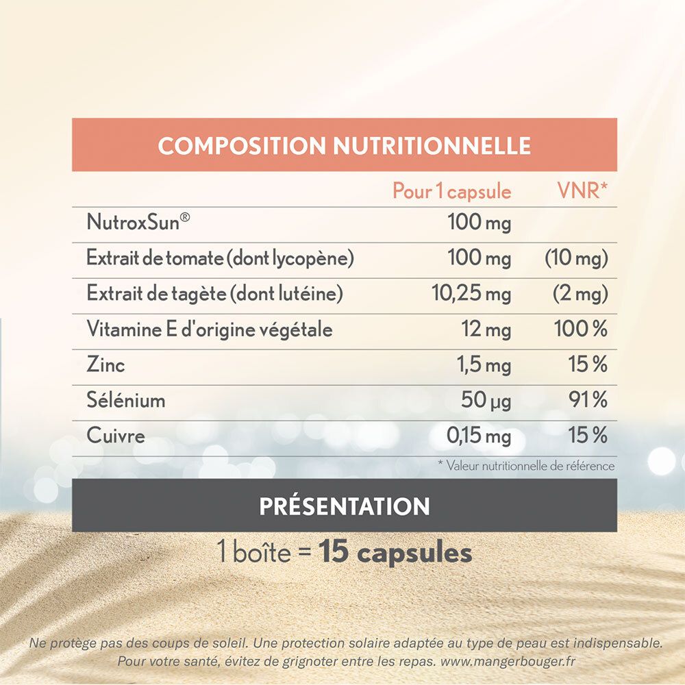 Tableau nutritionnel. Texte : NutroxSun, lycopène, lutéine, sélénium, zinc, cuivre. 15 gélules.