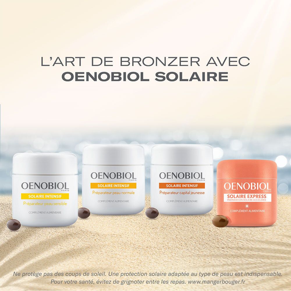 Produits OENOBIOL. Quatre boîtes et gélules. Texte : OENOBIOL Solaire Express.