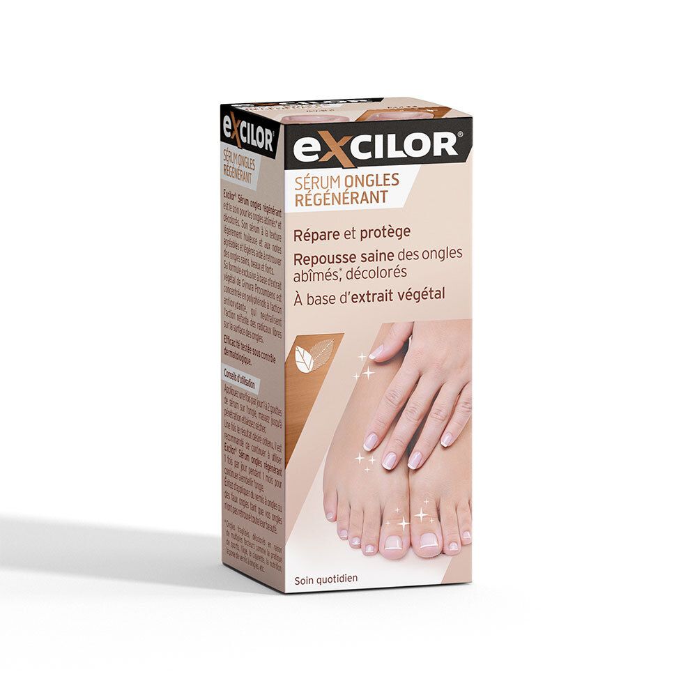 Boîte EXcilor® Sérum Ongles Régénérant. Image du produit avec pieds et mains. Texte: Répare et protège, Repousse saine.