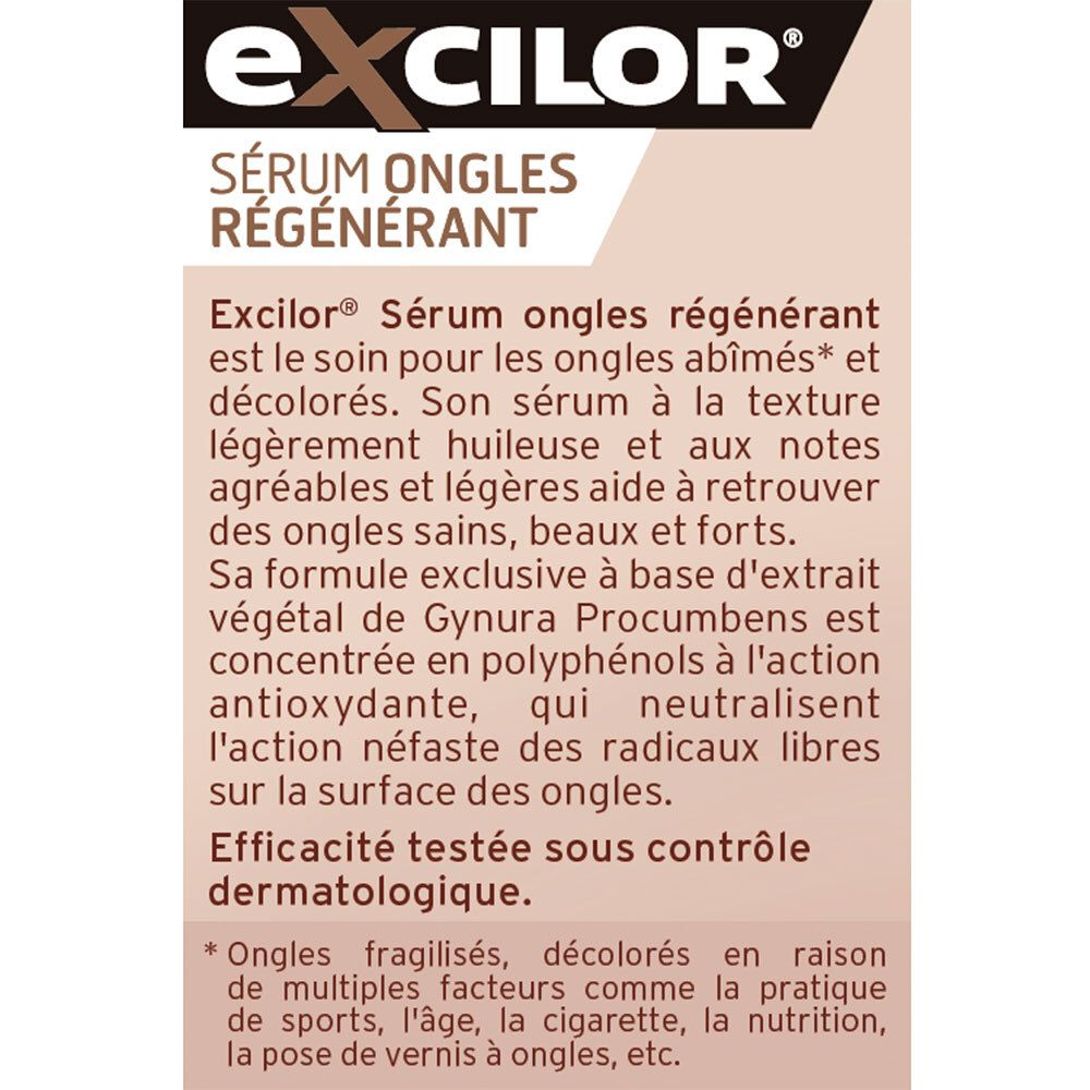 Texte: EXcilor® Sérum Ongles Régénérant. Description du produit. Formule avec extrait de Gynura Procumbens. Testé dermatologiquement.