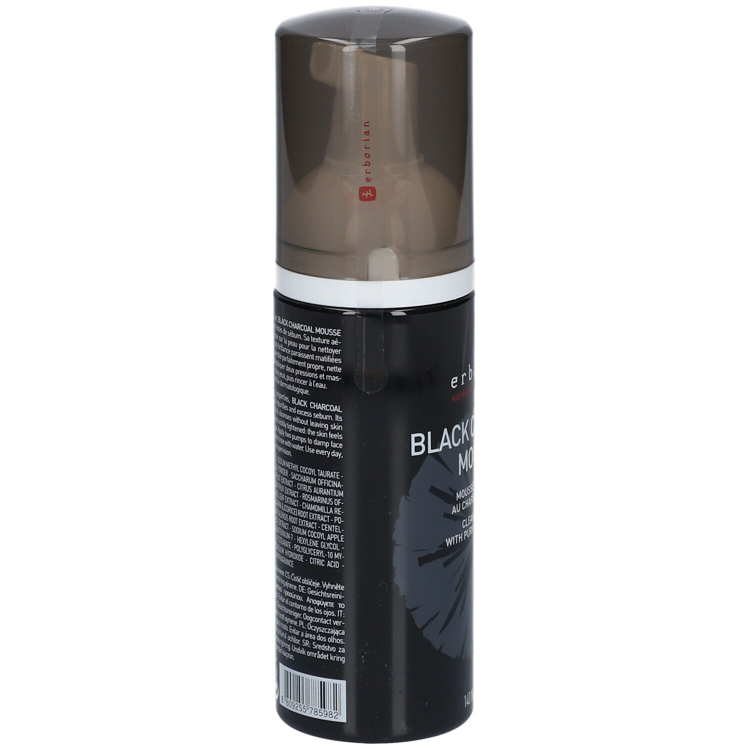 Flacon noir avec pompe. Texte: Black Charcoal Mousse. Ingrédients et instructions au dos. Marque: erborian.