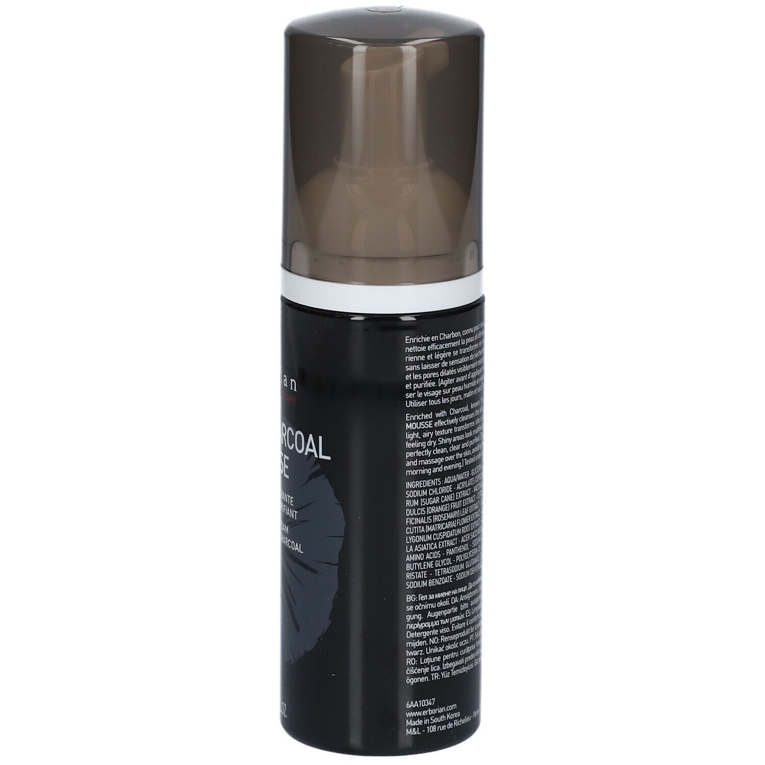 Flacon noir avec pompe. Texte: Black Charcoal Mousse. Ingrédients et instructions au dos. Marque: erborian.