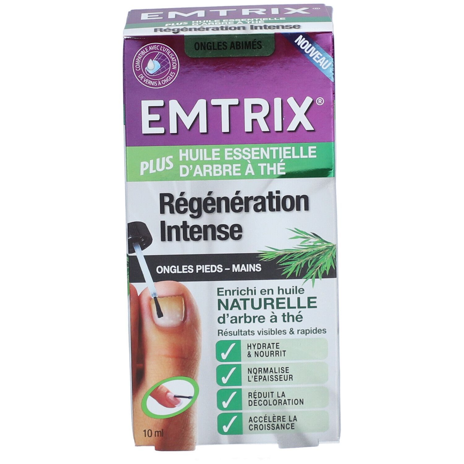 Boîte EMTRIX Plus. Inscription: Régenération Intense, huile essentielle d'arbre à thé. Montre un ongle avec applicateur. 10 ml.