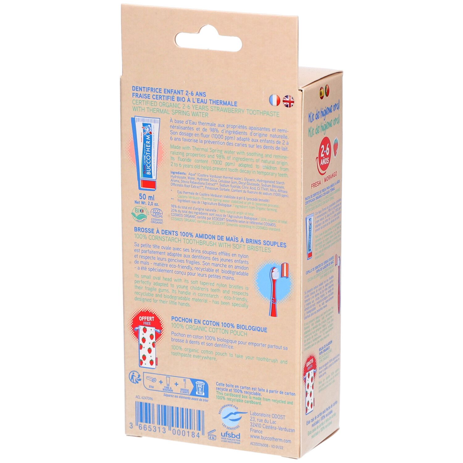 Dos de l'emballage du kit d'hygiène bucco-dentaire pour enfants 2-6 ans. Informations sur les ingrédients et certifications visibles.