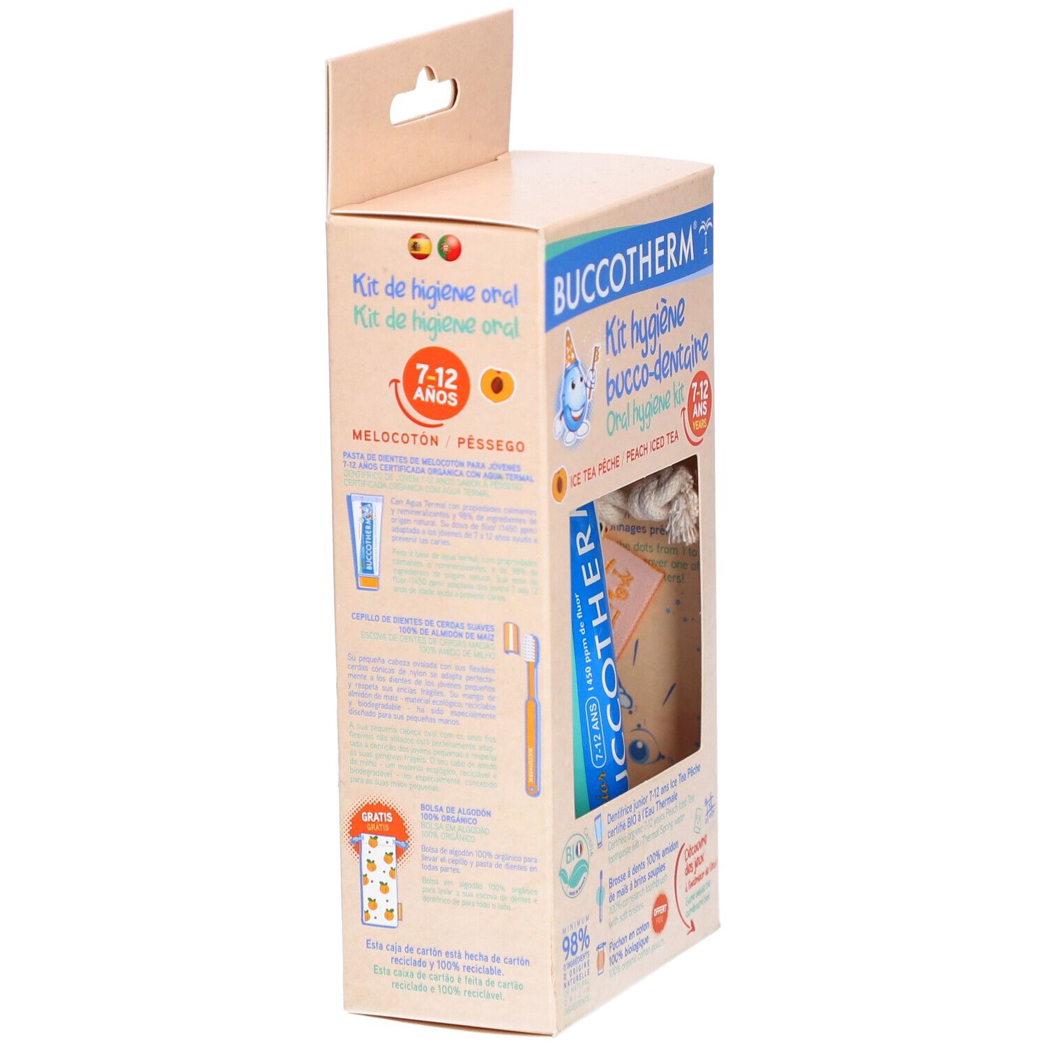 Dos de l'emballage du kit d'hygiène bucco-dentaire. Contient des informations sur les produits. Inscription: Buccotherm, Ice Tea Pêche, 7-12 ans.