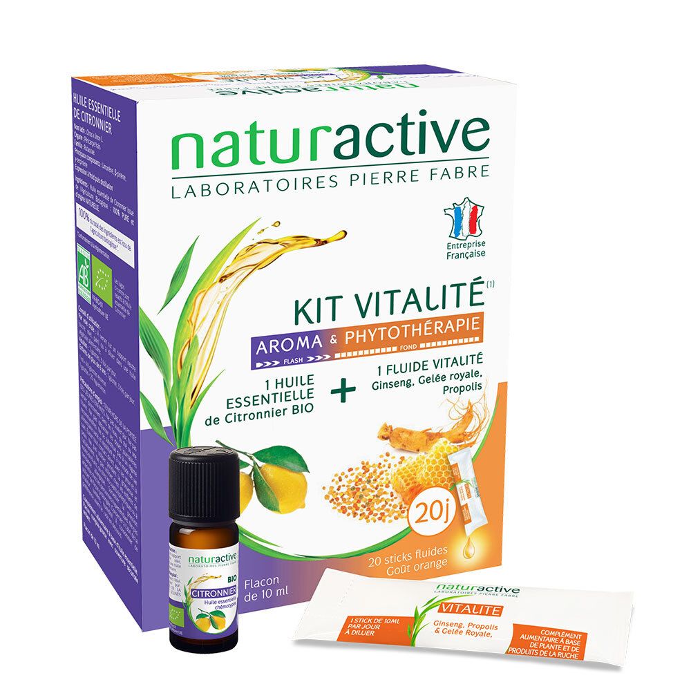 Boîte de produit avec flacon, sticks et éléments graphiques. Texte: Kit Vitalité, Aroma & Phytothérapie, 1 Huile essentielle de Citronnier BIO.