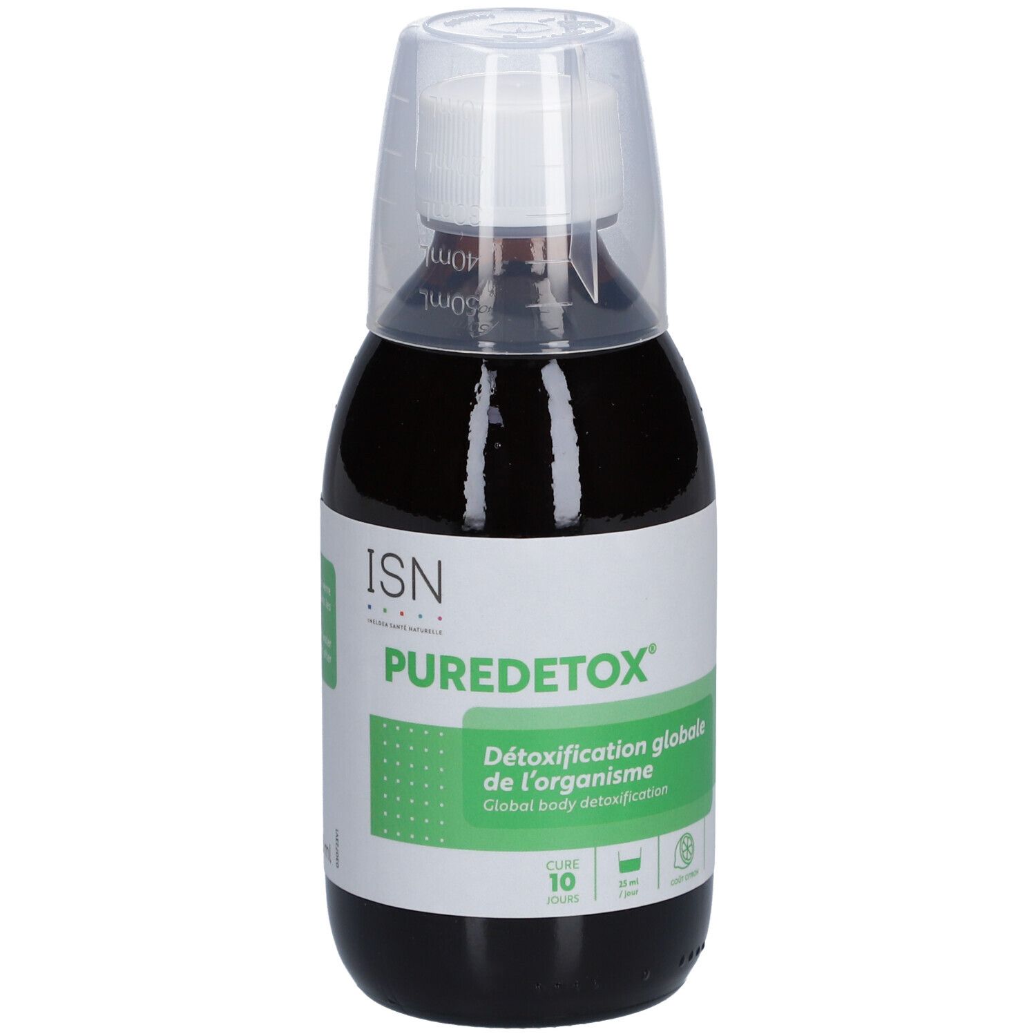 Flacon brun avec gobelet doseur blanc. Étiquette avec logo ISN Puredetox et texte. Produit pour la détoxification globale du corps.
