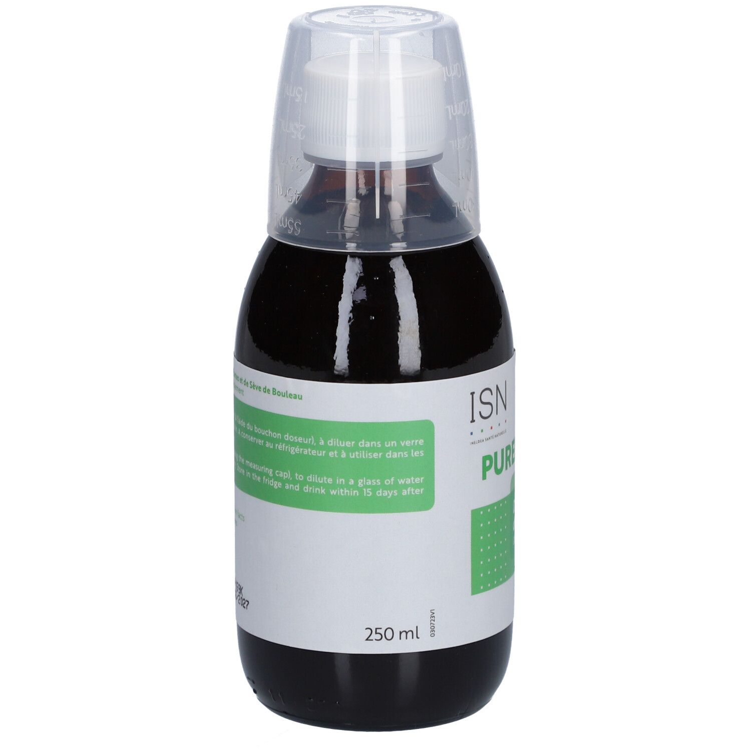 Flacon brun avec gobelet doseur blanc. Étiquette avec logo ISN Puredetox et texte. 250 ml. Détoxification globale du corps.