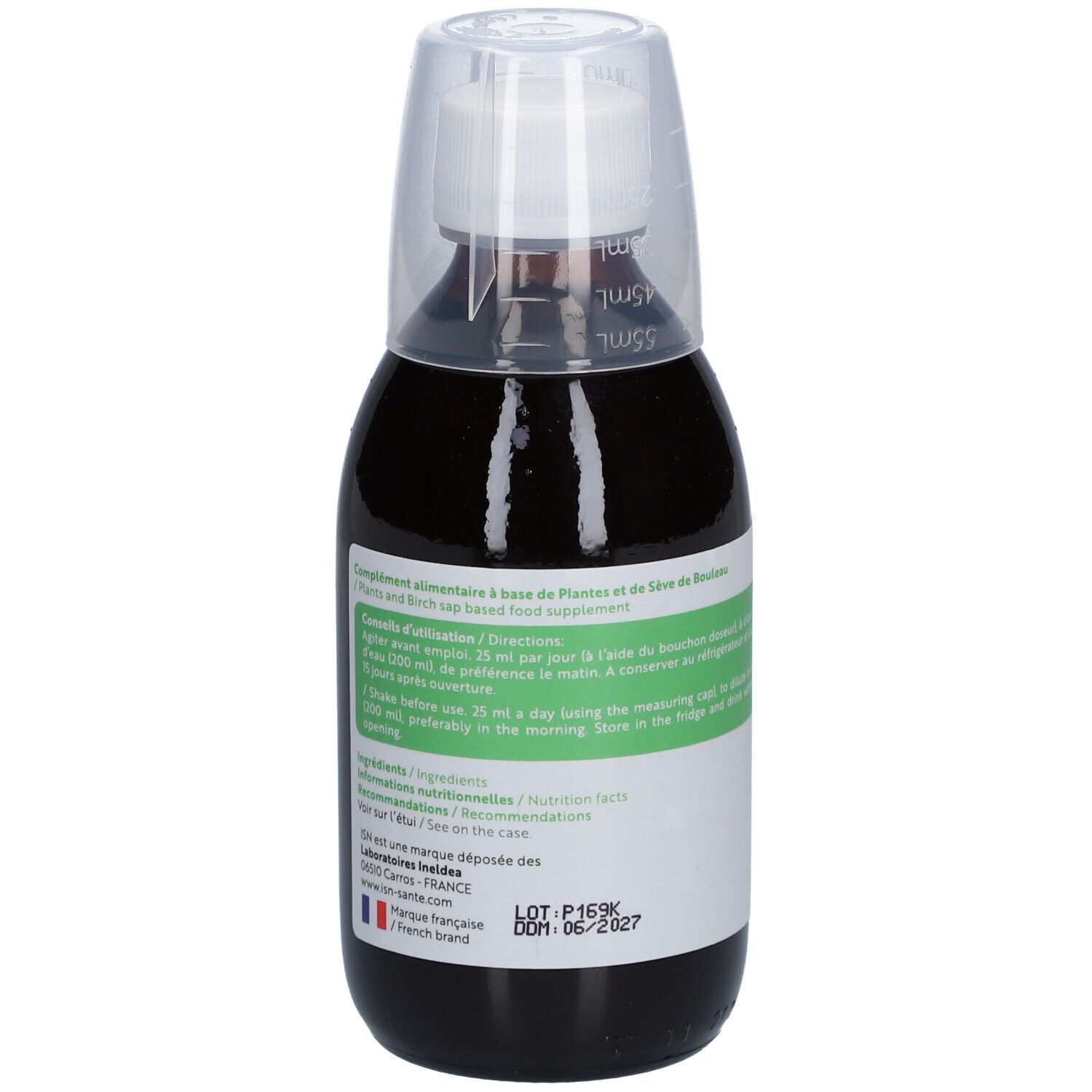 Flacon brun avec gobelet doseur blanc. Étiquette avec logo ISN Puredetox et texte. Complément alimentaire.