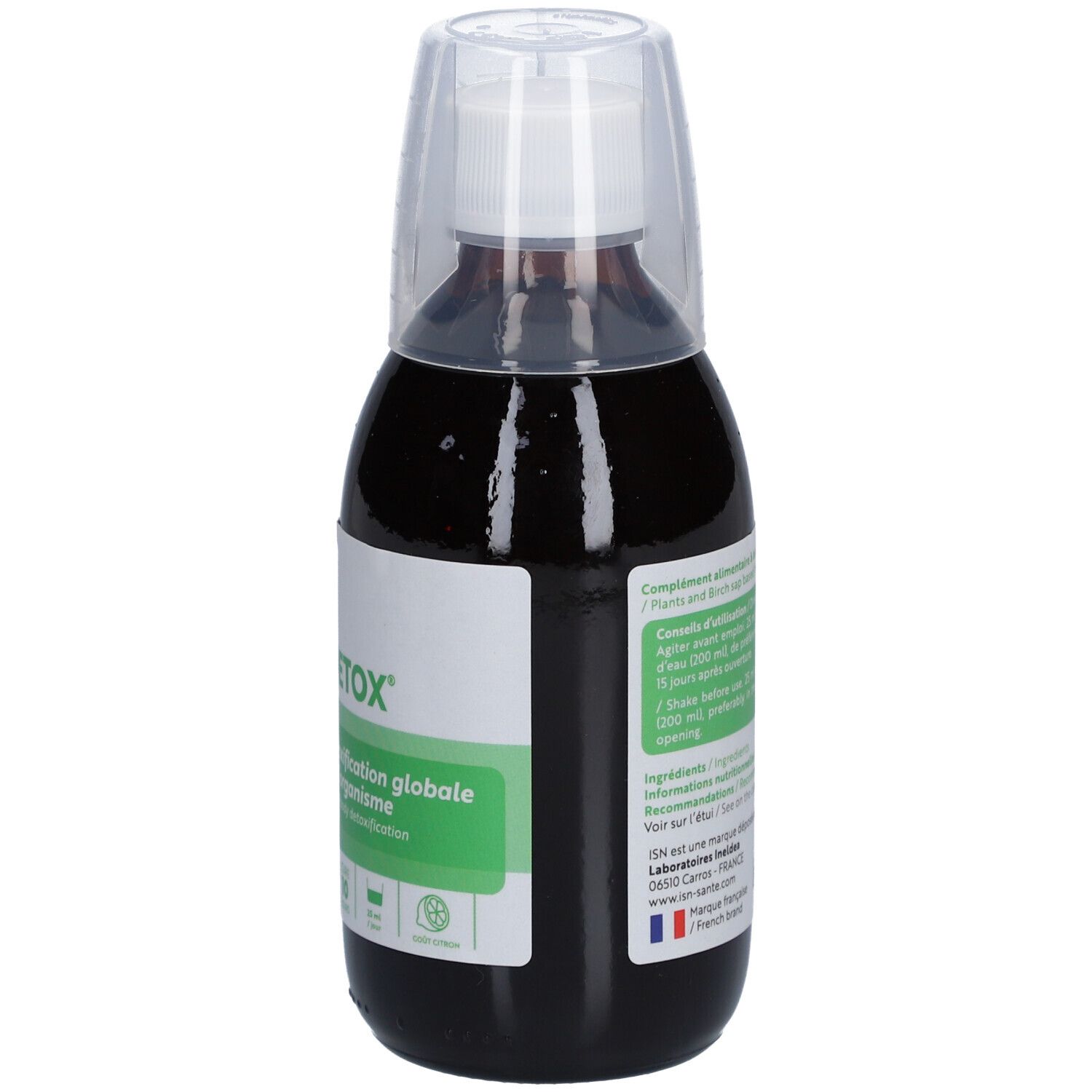 Flacon brun avec gobelet doseur blanc. Étiquette avec logo ISN Puredetox et texte. Instructions et ingrédients.
