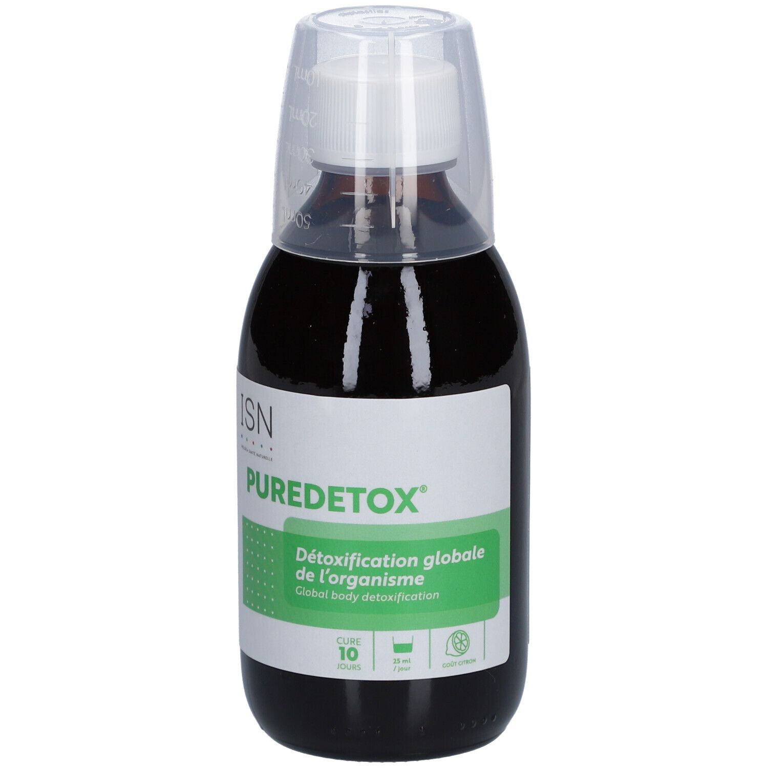 Flacon brun avec gobelet doseur blanc. Étiquette avec logo ISN Puredetox et texte. Détoxification globale du corps.