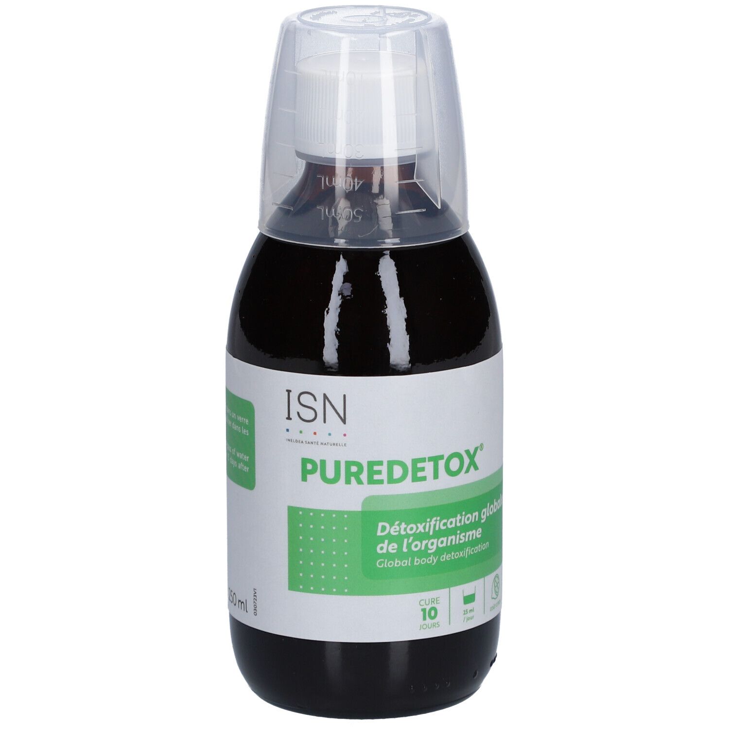 Flacon brun avec gobelet doseur blanc. Étiquette avec logo ISN Puredetox et texte. 250 ml.