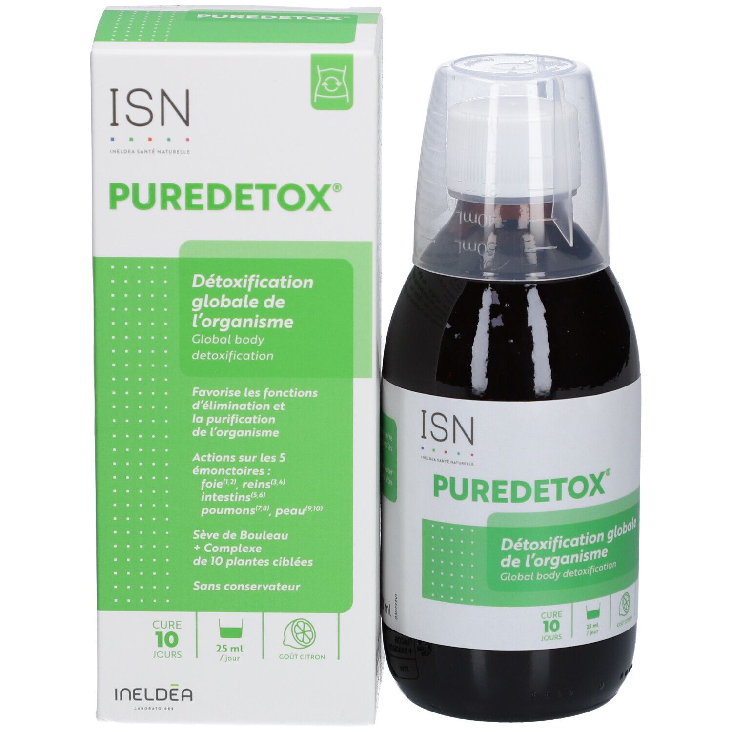 Flacon brun avec gobelet doseur blanc et emballage vert. Logo ISN Puredetox et texte. Détoxification globale du corps.