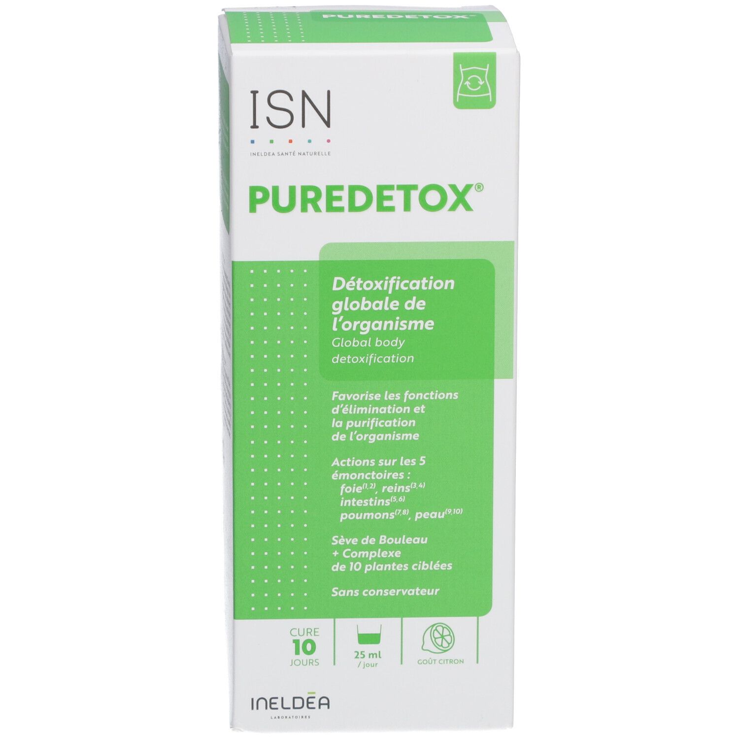 Emballage vert avec logo ISN Puredetox et texte. Détoxification globale du corps. Informations et ingrédients.