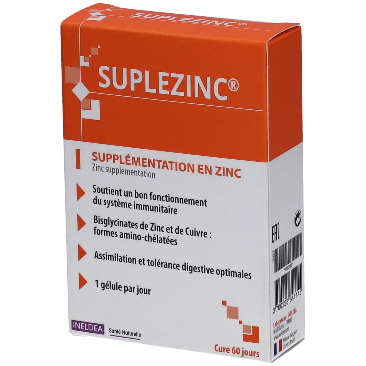 Boîte Suplezinc. Informations sur le produit en français. Supplémentation en zinc. Contient 60 gélules.