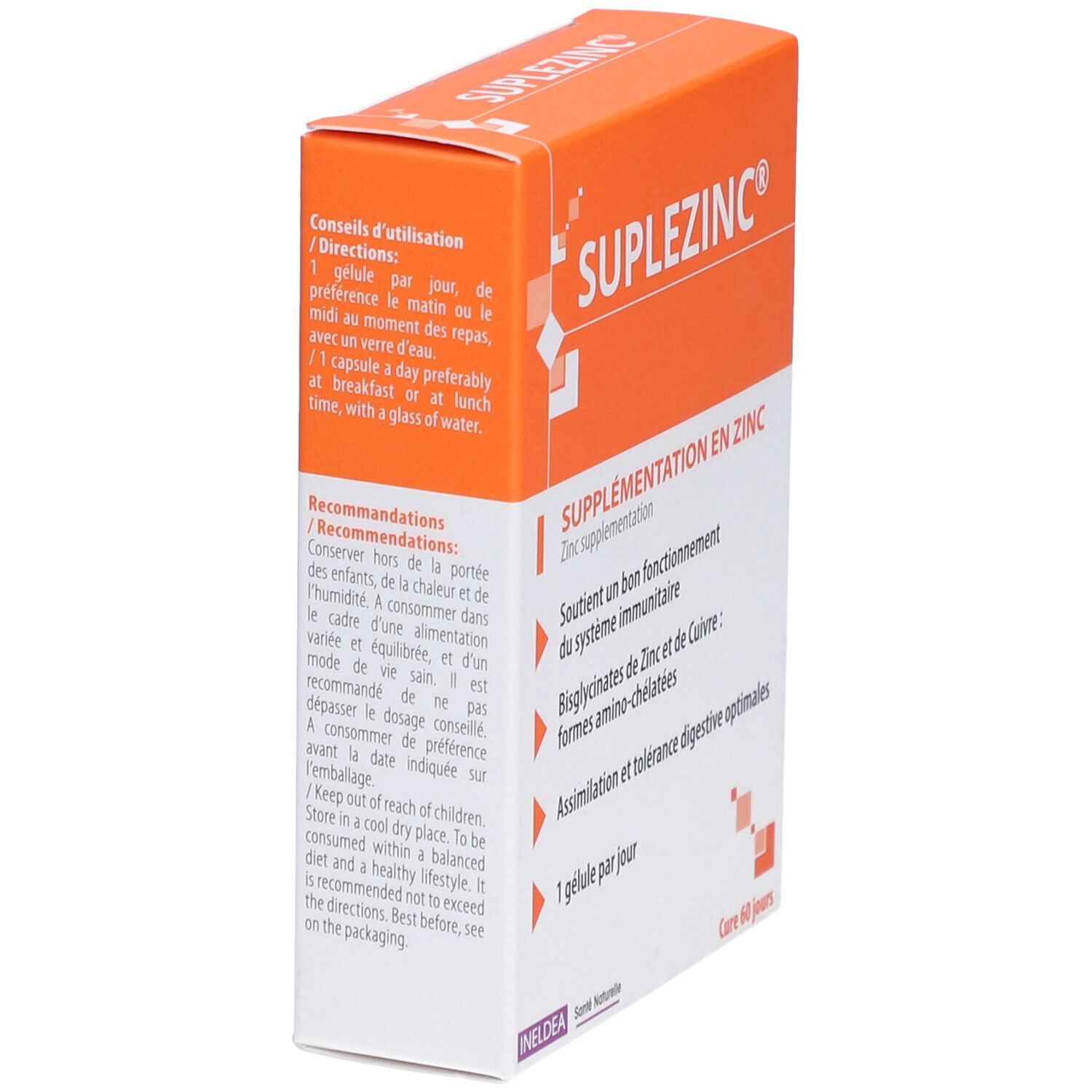 Boîte Suplezinc. Informations sur le produit en français. Supplémentation en zinc. Contient 60 gélules.