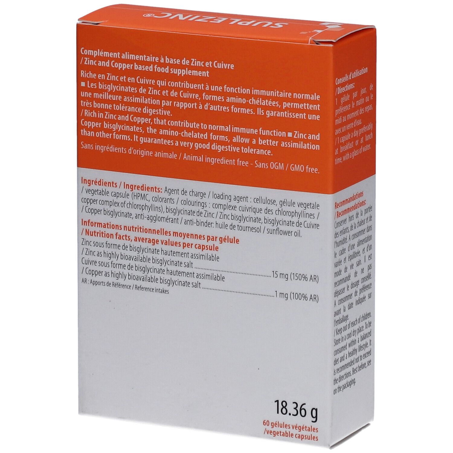 Dos de la boîte Suplezinc. Ingrédients et informations nutritionnelles. 60 gélules.