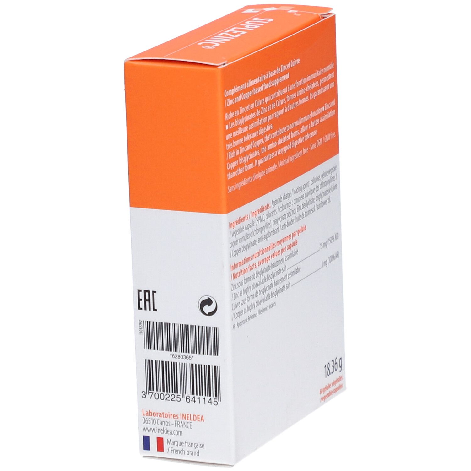 Dos de la boîte Suplezinc. Ingrédients et informations nutritionnelles. 60 gélules.