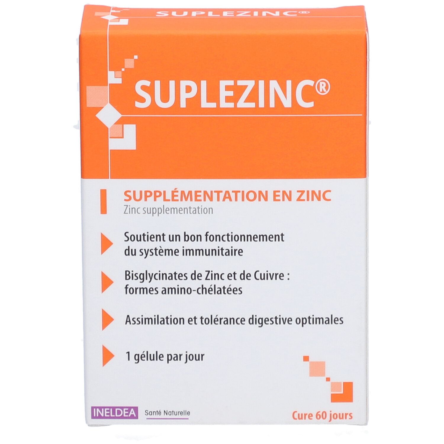 Boîte Suplezinc. Informations sur le produit en français. Supplémentation en zinc. Contient 60 gélules.
