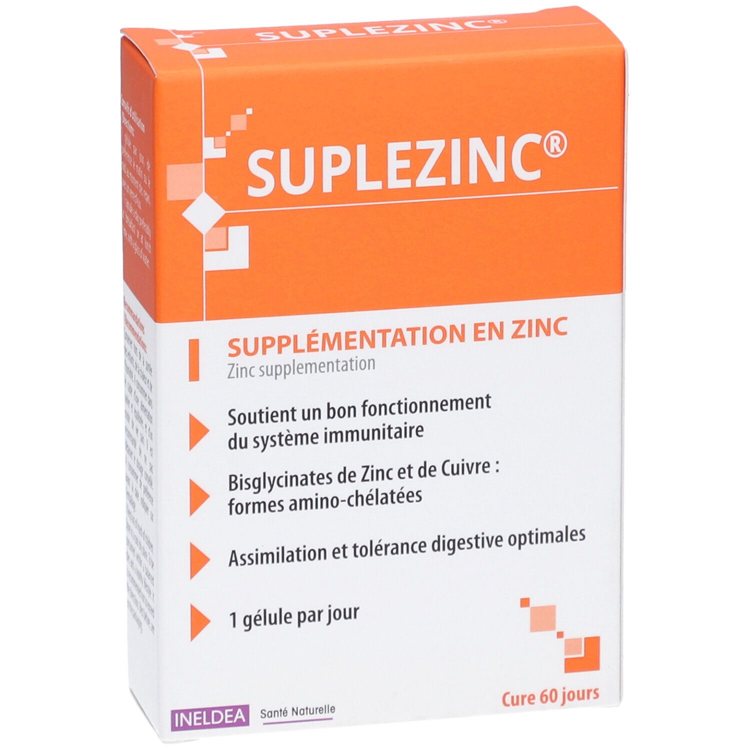Boîte Suplezinc. Informations sur le produit en français. Supplémentation en zinc. Contient 60 gélules.