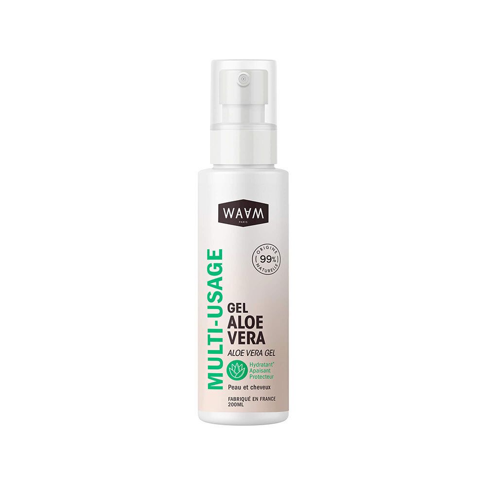 Flacon WAAM Gel Aloe Vera avec pompe, 99% naturel, pour peau et cheveux.
