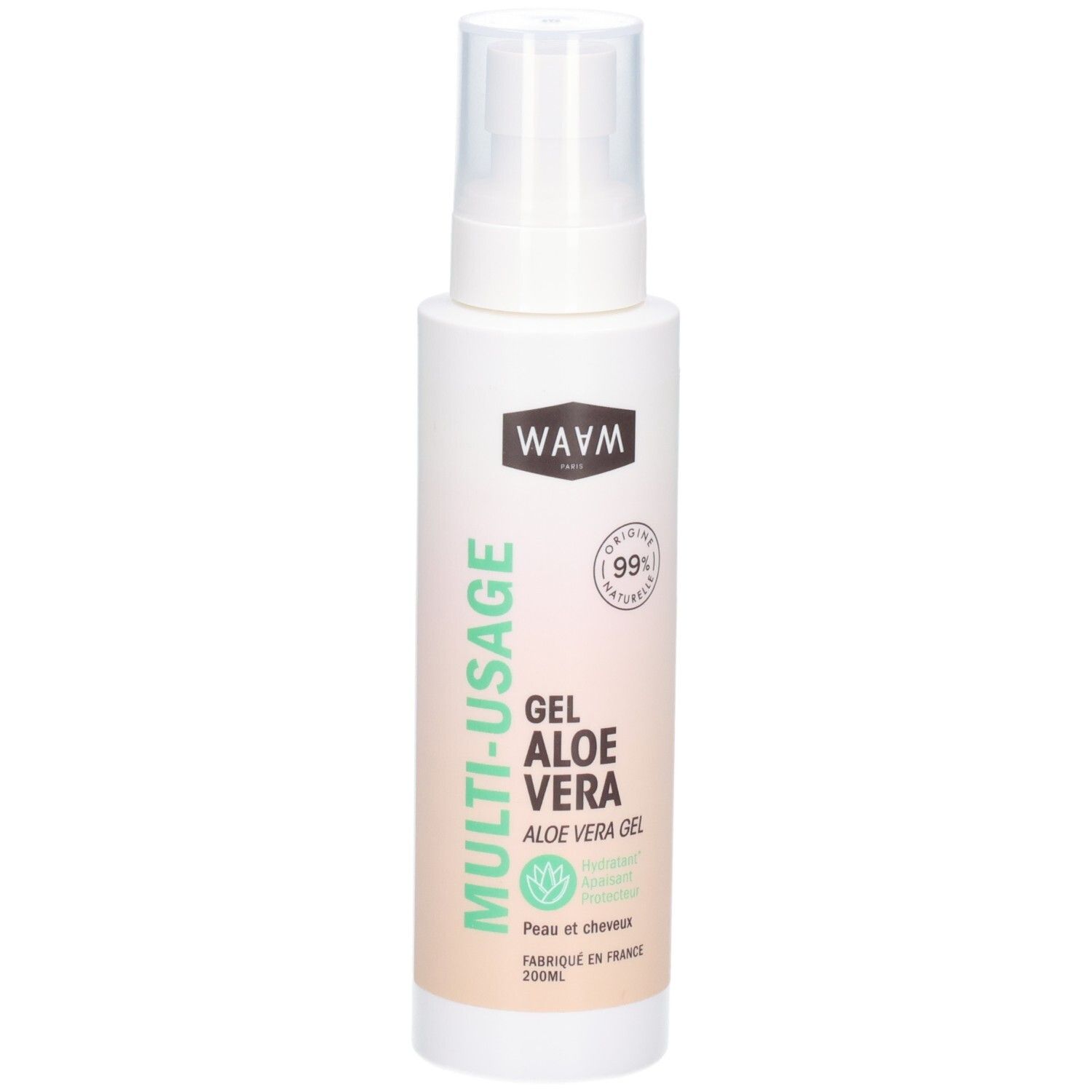 Flacon WAAM Gel Aloe Vera avec pompe, 99% naturel, pour peau et cheveux.
