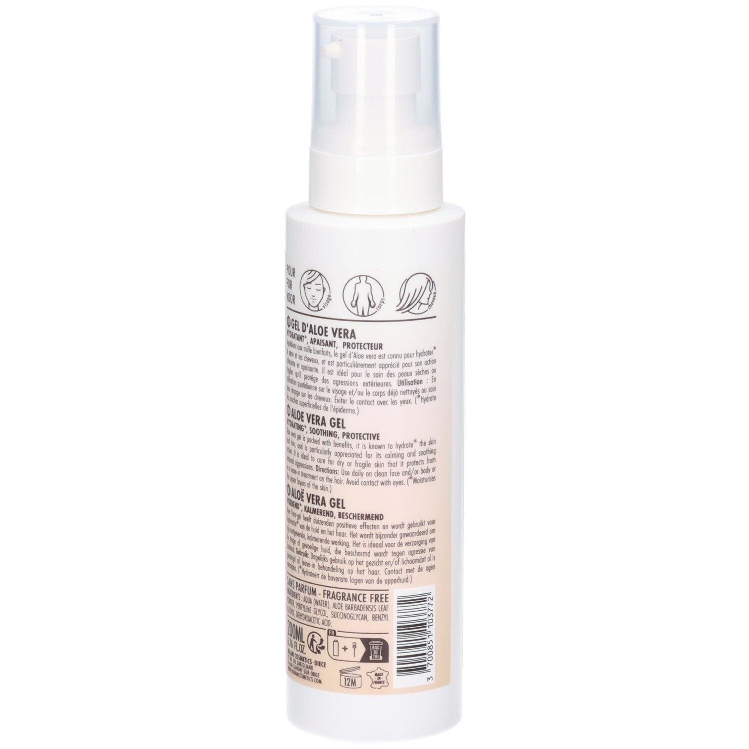 Flacon WAAM Gel Aloe Vera avec pompe, 99% naturel, pour peau et cheveux.