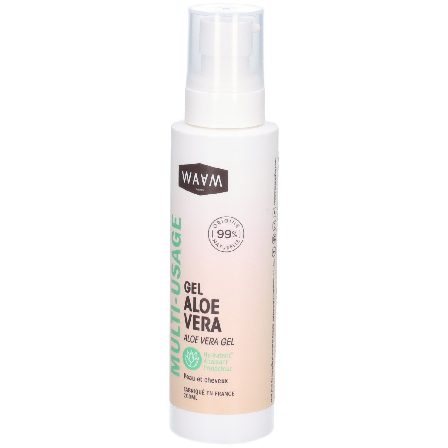 Flacon WAAM Gel Aloe Vera avec pompe, 99% naturel, pour peau et cheveux.