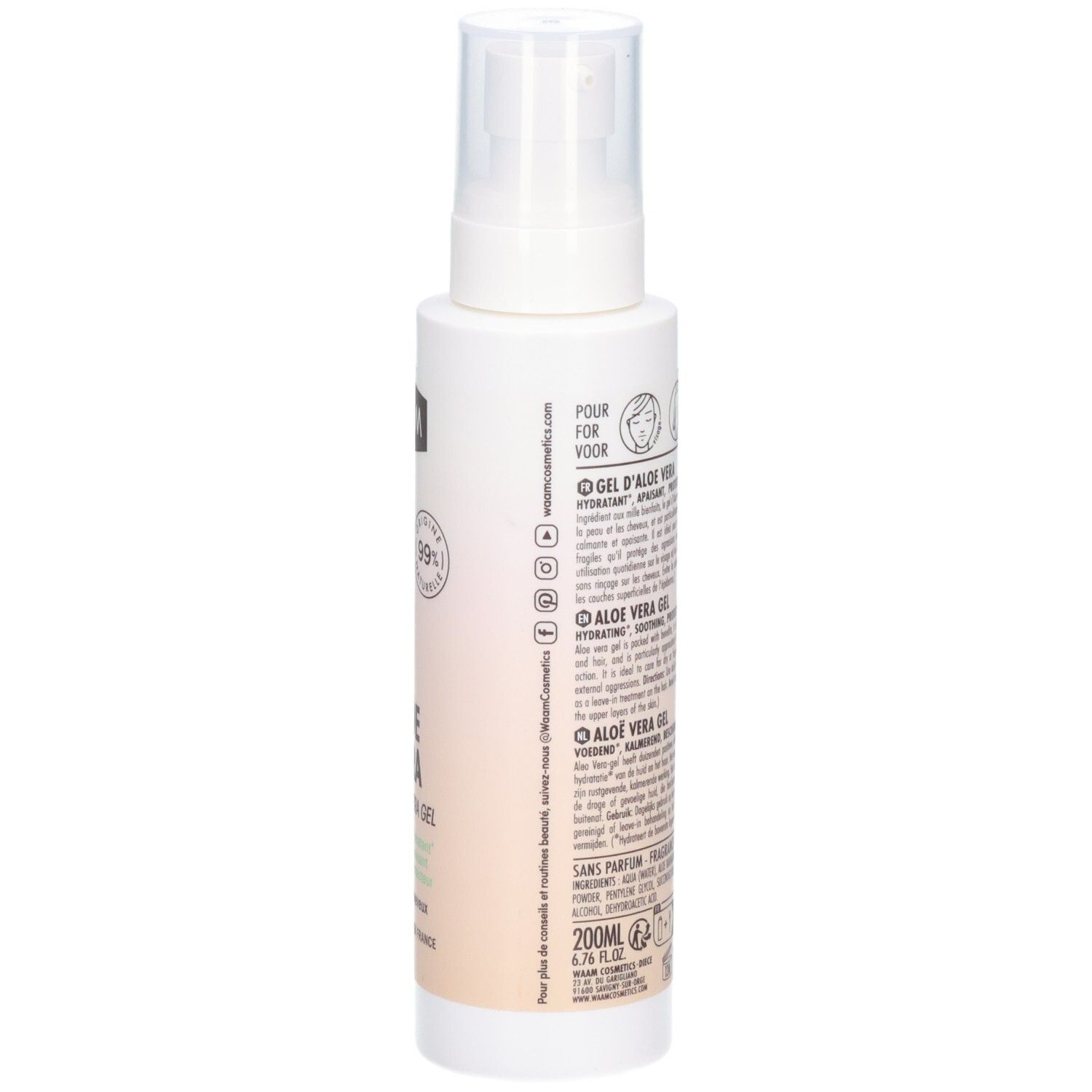 Flacon WAAM Gel Aloe Vera avec pompe, 99% naturel, pour peau et cheveux.