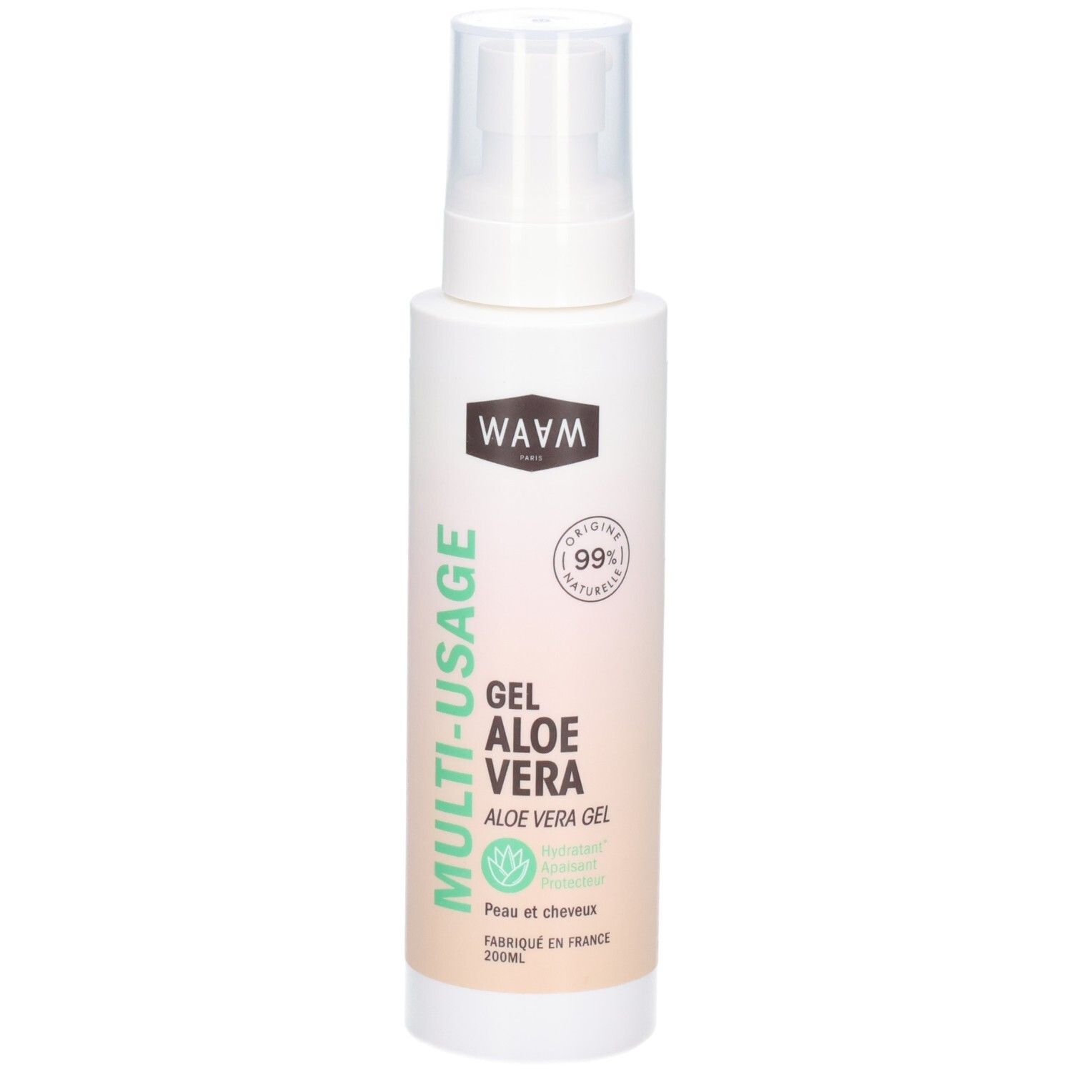 Flacon WAAM Gel Aloe Vera avec pompe, 99% naturel, pour peau et cheveux.