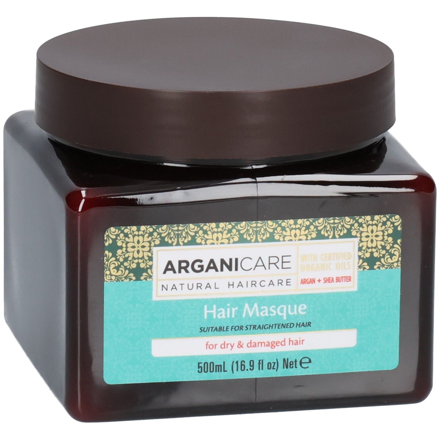 Masque capillaire Arganicare pour cheveux secs et abîmés. Flacon brun avec couvercle brun. 500ml.