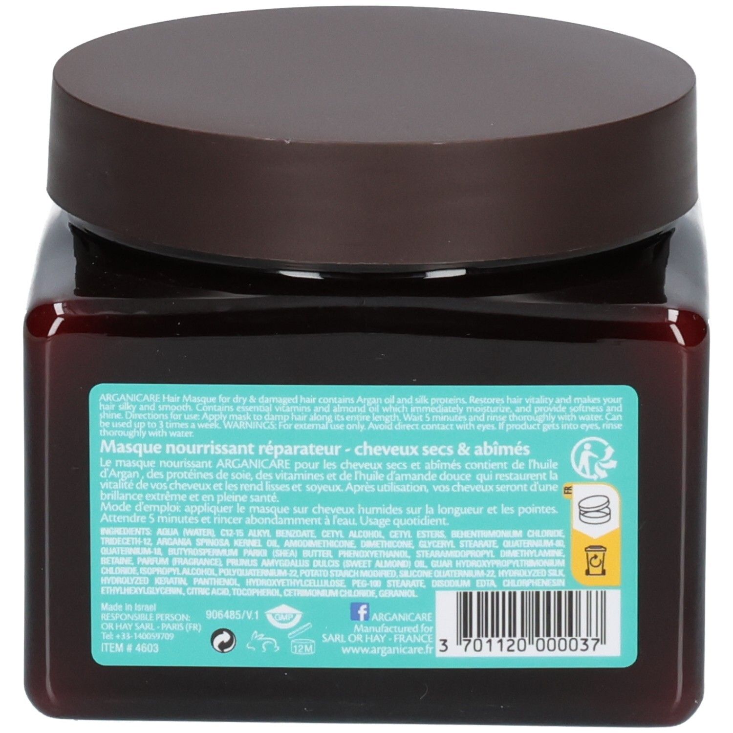 Masque capillaire Arganicare pour cheveux secs et abîmés. Flacon brun avec couvercle brun. 500ml.