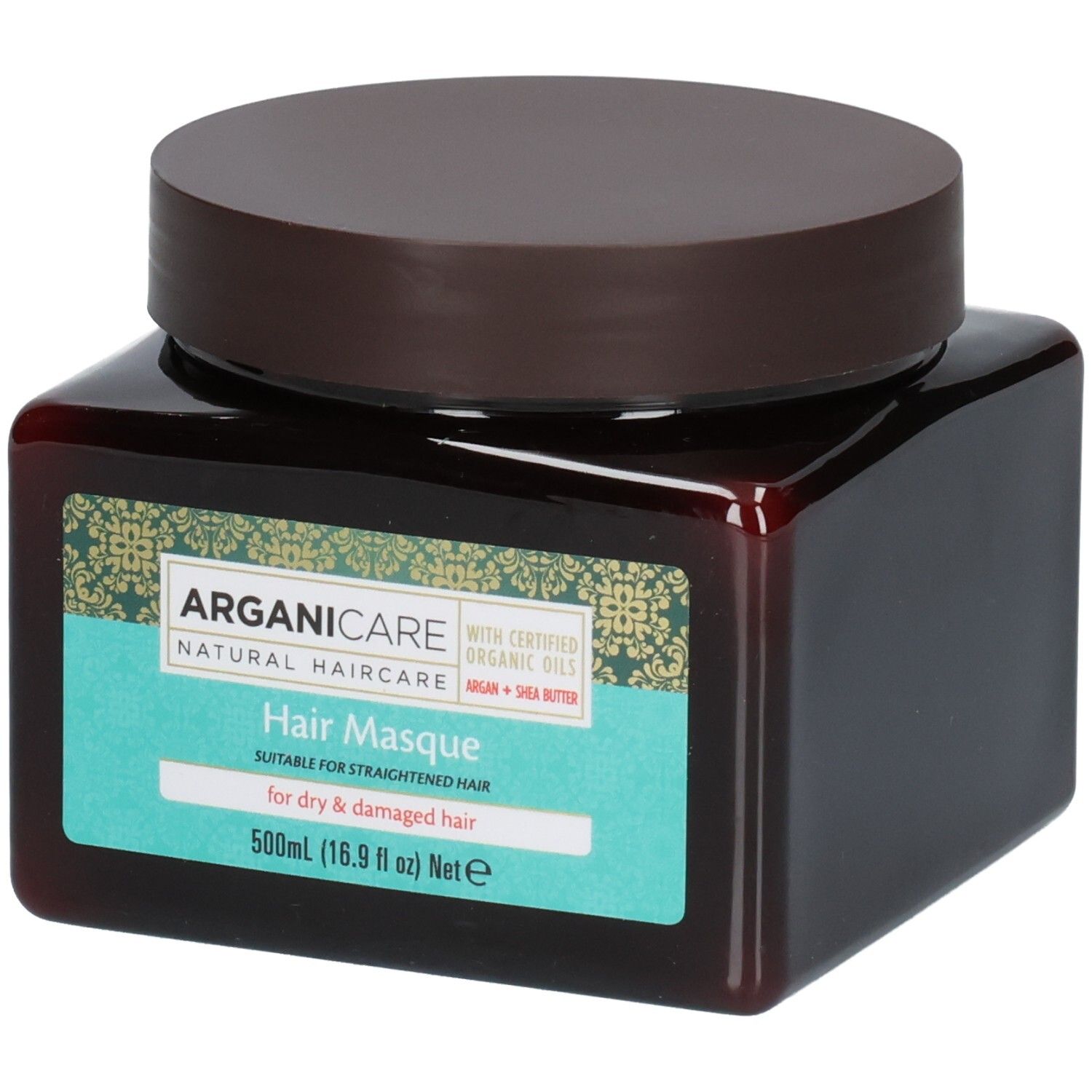 Masque capillaire Arganicare pour cheveux secs et abîmés. Flacon brun avec couvercle brun. 500ml.