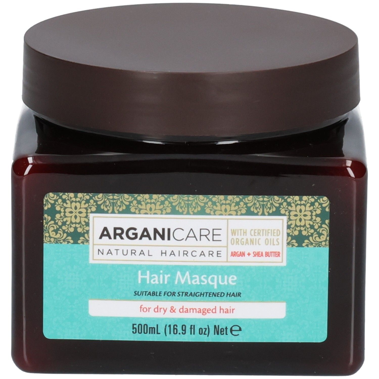 Masque capillaire Arganicare pour cheveux secs et abîmés. Flacon brun avec couvercle brun. 500ml.