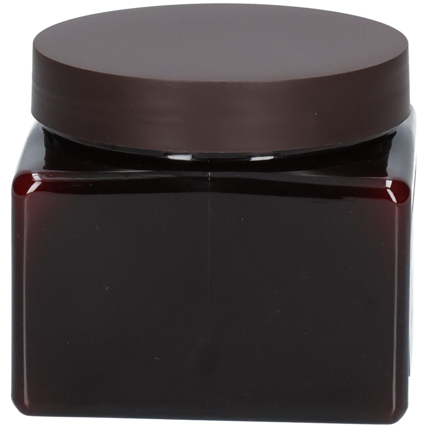 Pot carré brun avec couvercle brun, Masque capillaire Arganicare.