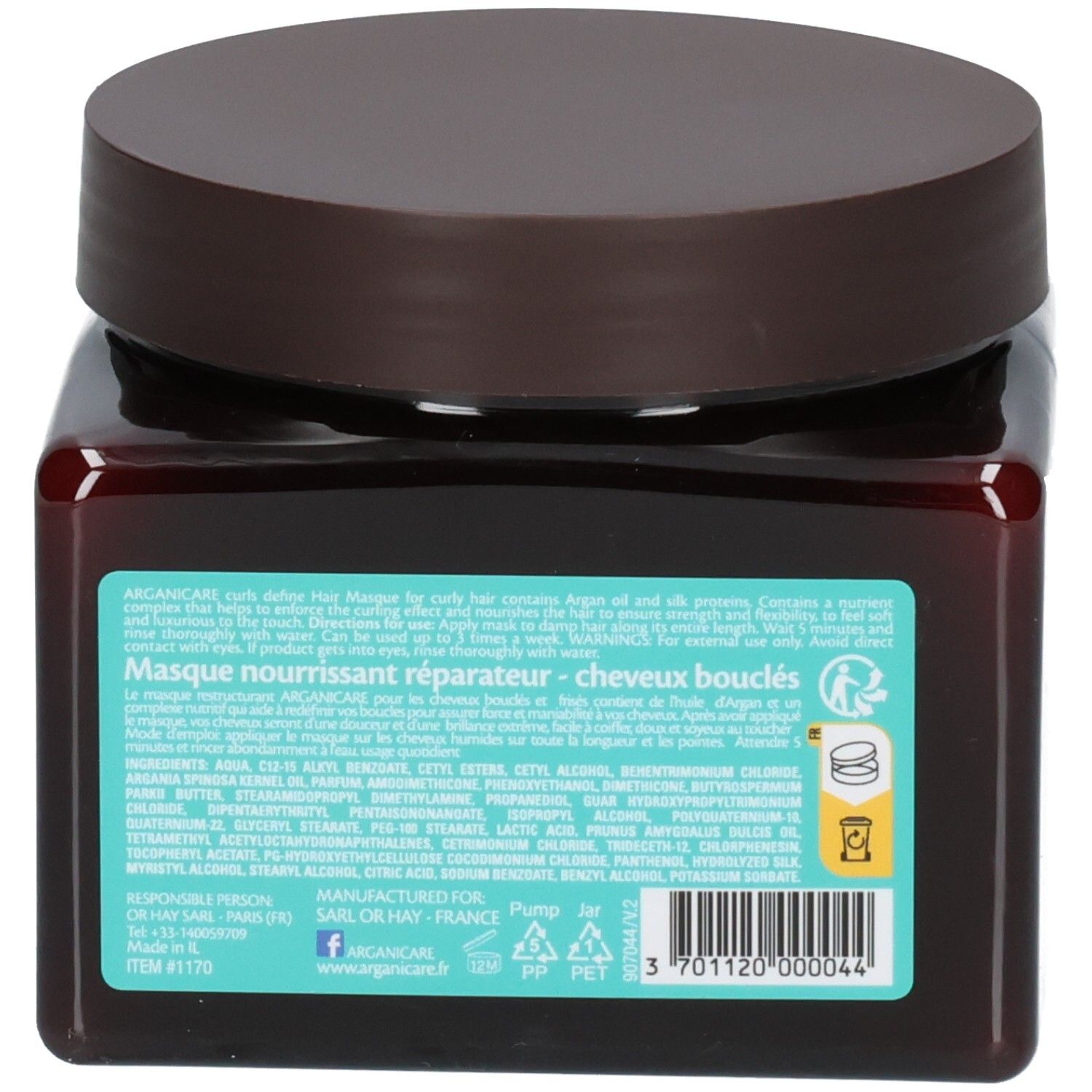 Arrière du pot de Masque capillaire Arganicare avec ingrédients et code-barres.