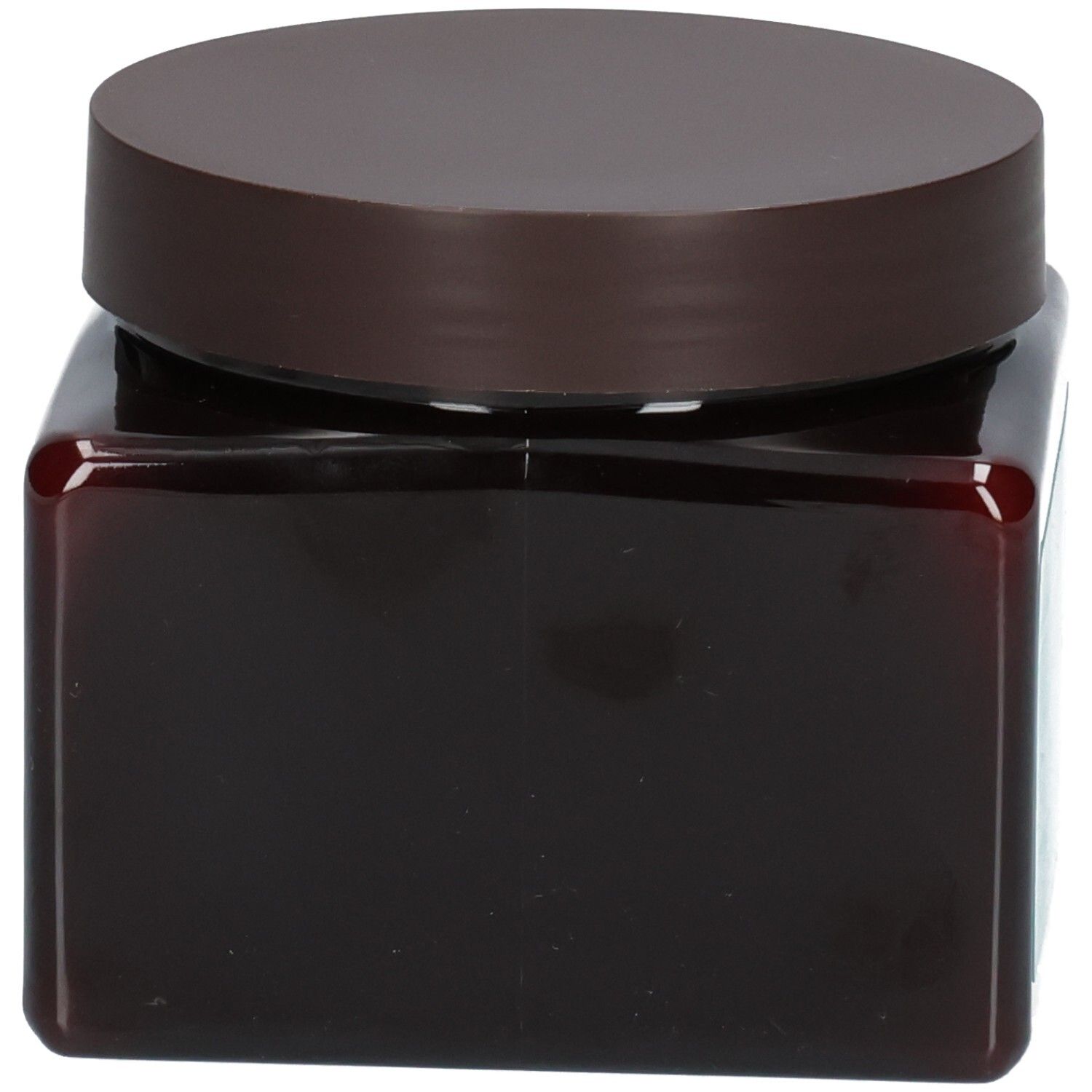 Pot carré brun avec couvercle brun, Masque capillaire Arganicare.