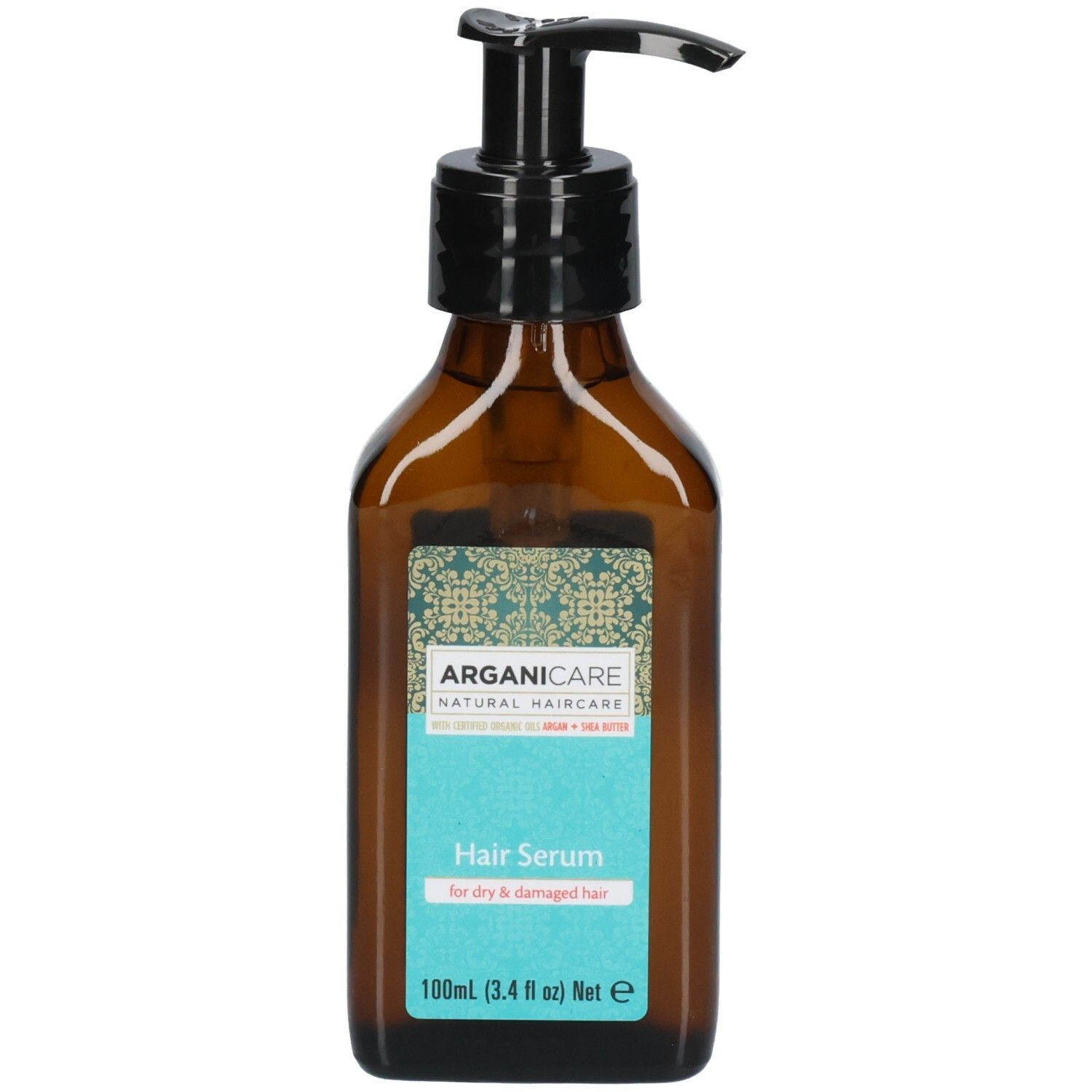 Sérum capillaire Arganicare dans une bouteille en verre brun avec pompe. Pour cheveux secs et abîmés.