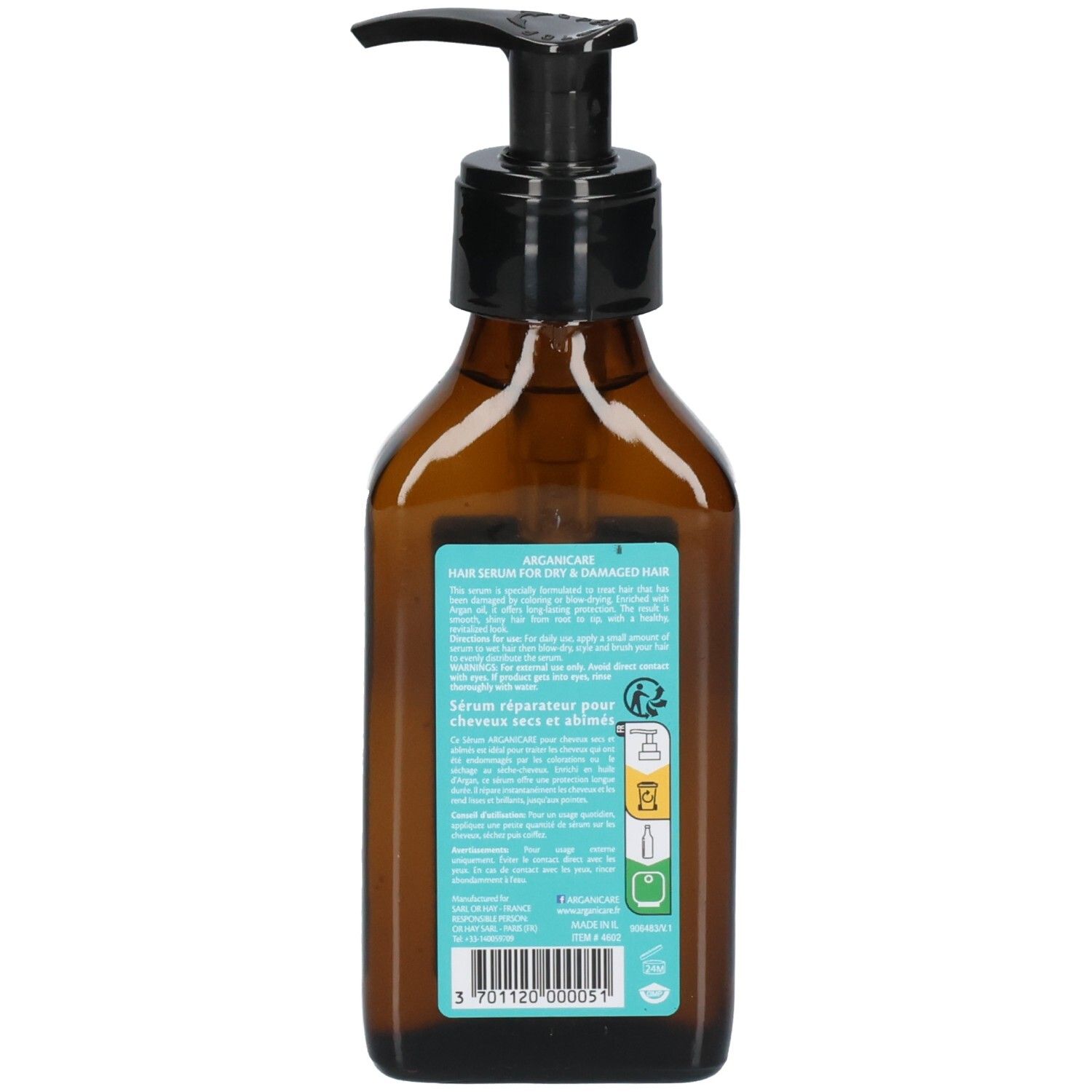 Arrière de la bouteille de sérum capillaire Arganicare avec instructions et ingrédients.