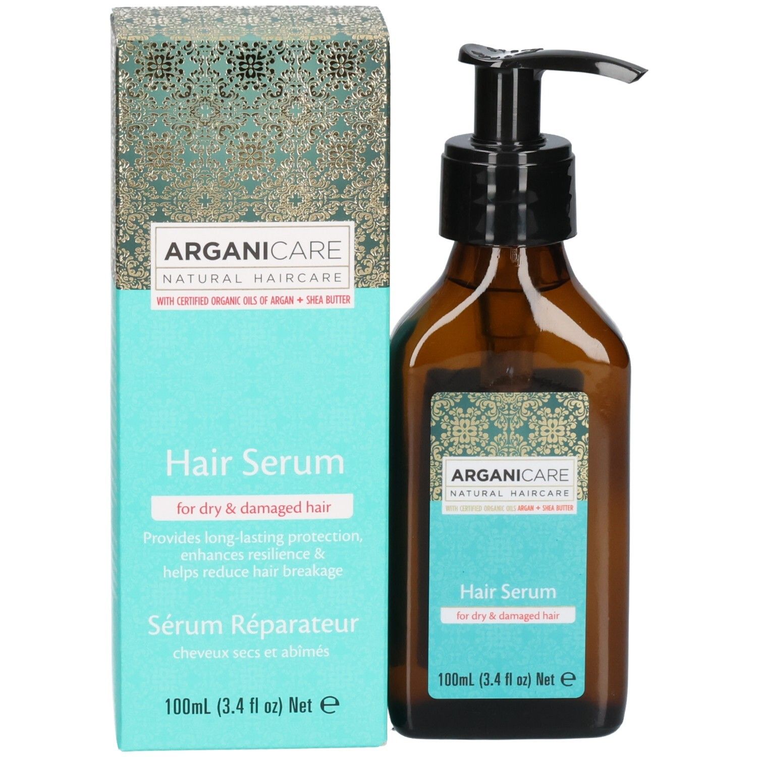 Bouteille et emballage de sérum capillaire Arganicare. Sérum pour cheveux secs et abîmés.