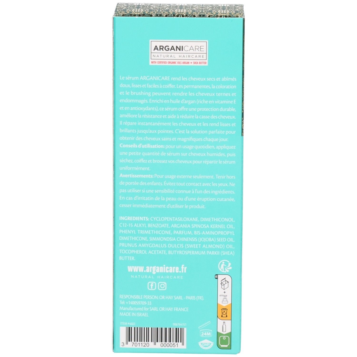 Arrière de l'emballage du sérum capillaire Arganicare avec ingrédients et site web.