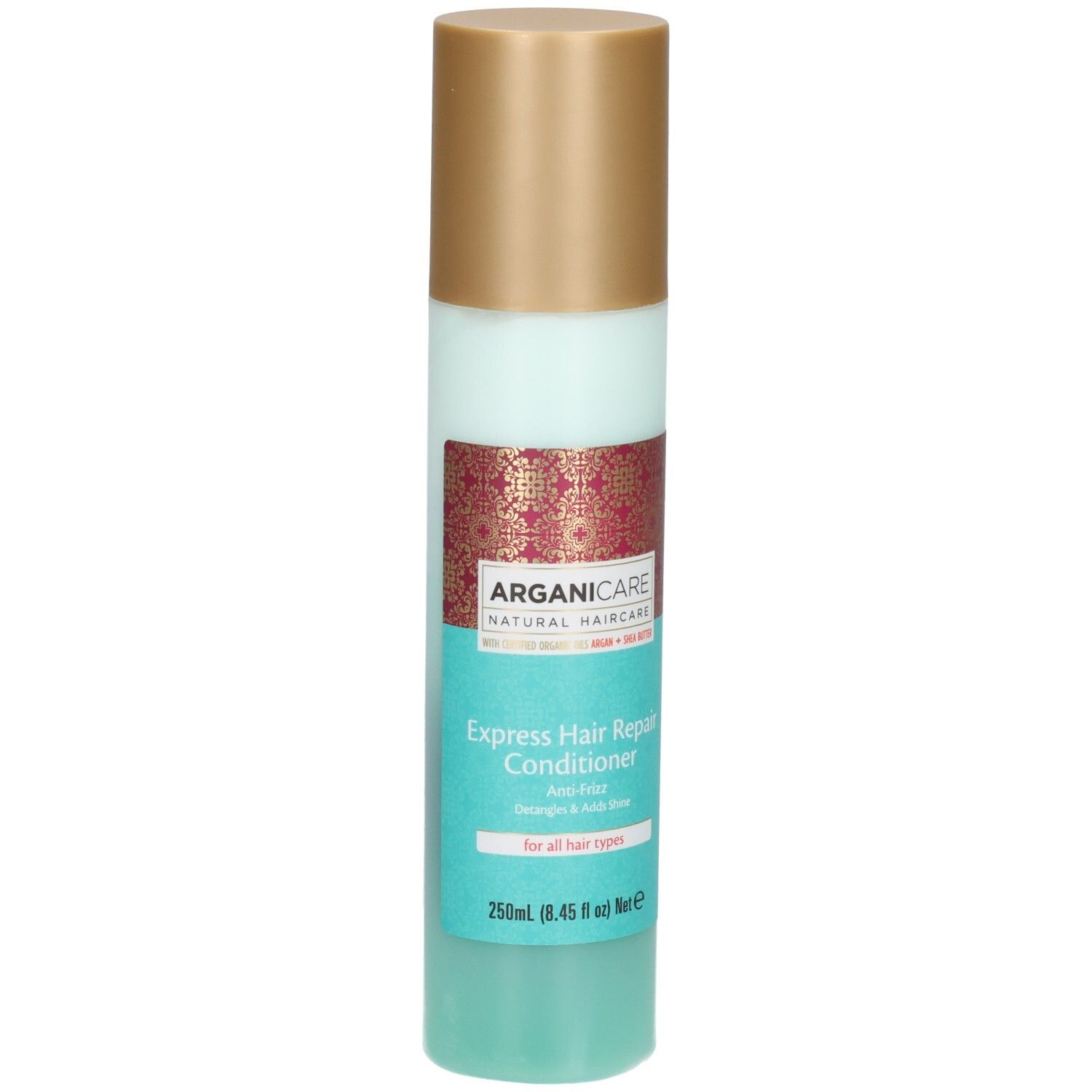 Bouteille Arganicare Express Hair Repair Conditioner avec bouchon doré et étiquette turquoise.