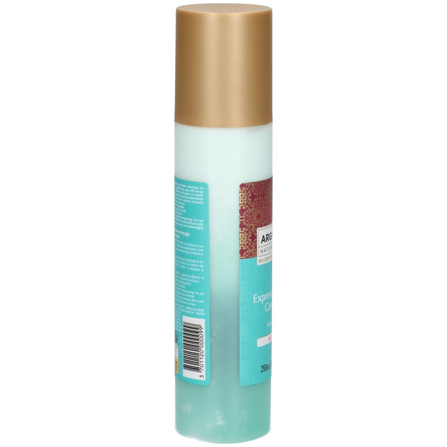 Arrière de la bouteille Arganicare Express Hair Repair Conditioner avec étiquette turquoise.