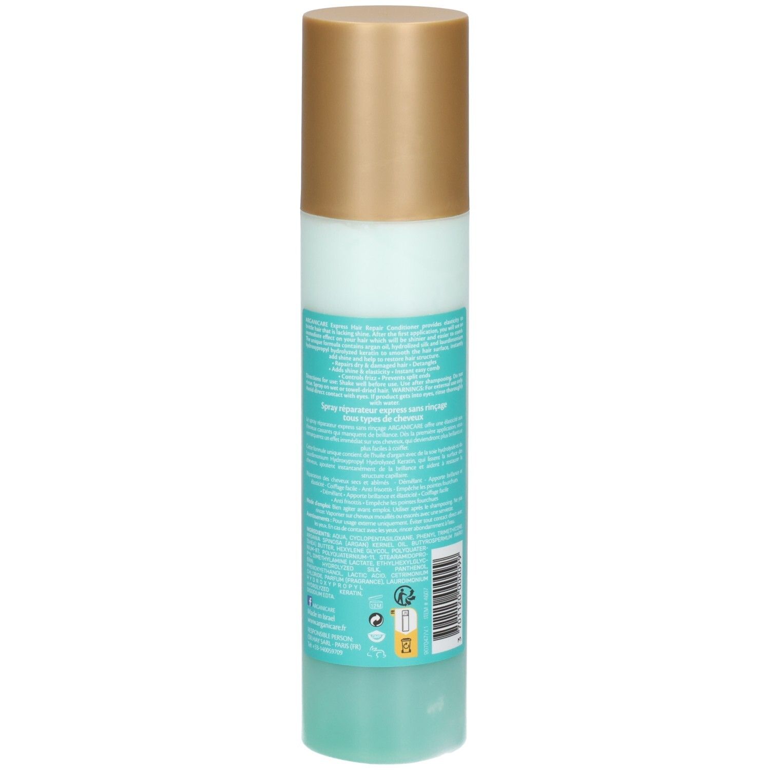 Vue latérale de la bouteille Arganicare Express Hair Repair Conditioner avec étiquette turquoise.