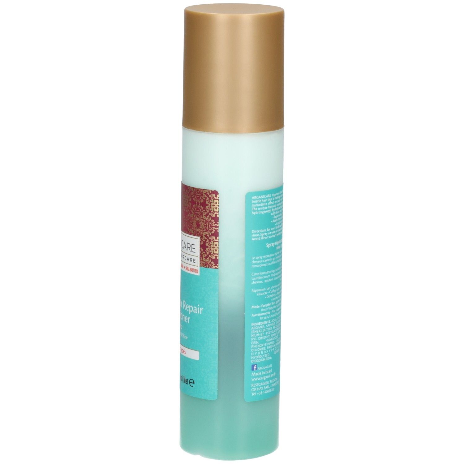 Vue latérale de la bouteille Arganicare Express Hair Repair Conditioner avec étiquette turquoise.
