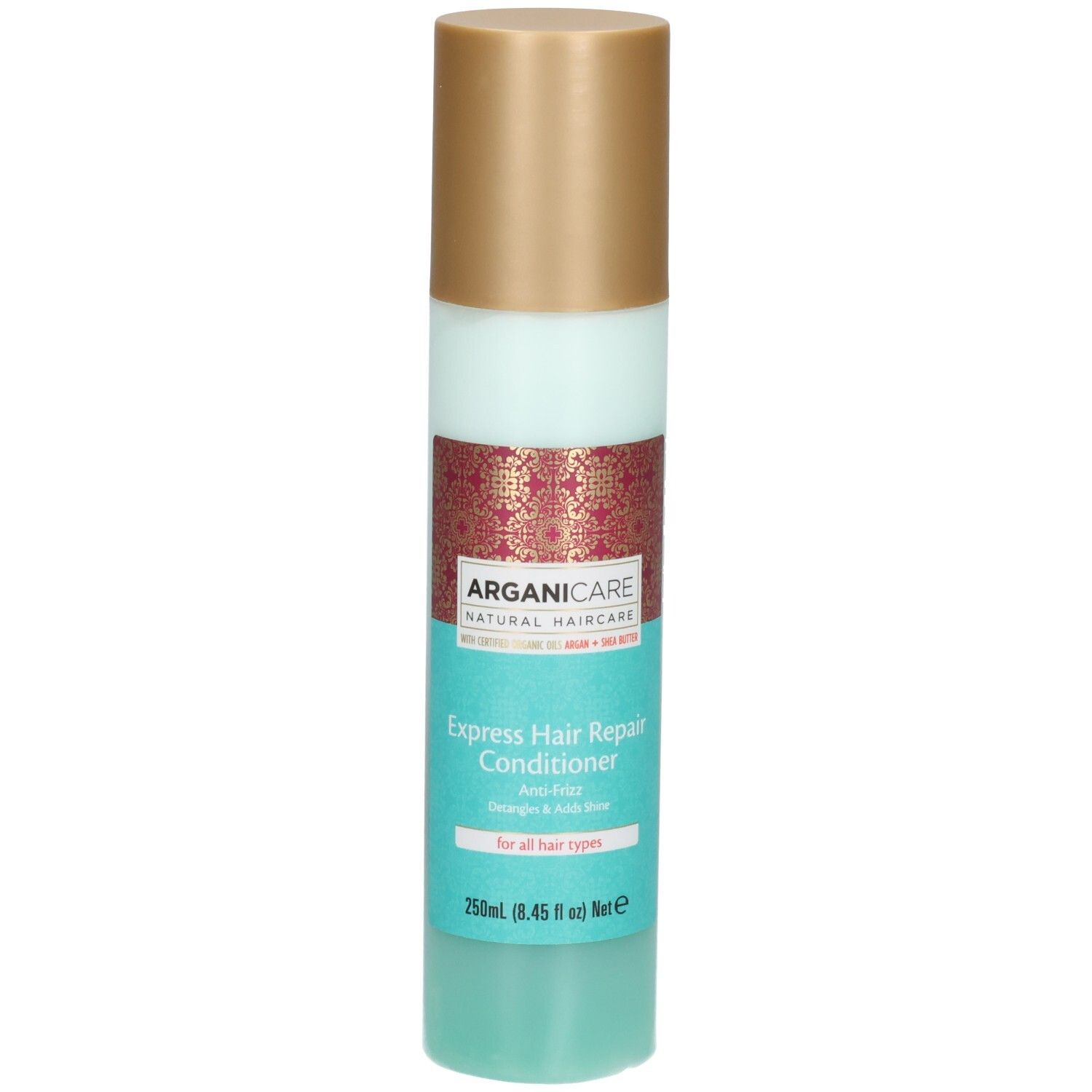 Bouteille Arganicare Express Hair Repair Conditioner avec bouchon doré et étiquette turquoise.