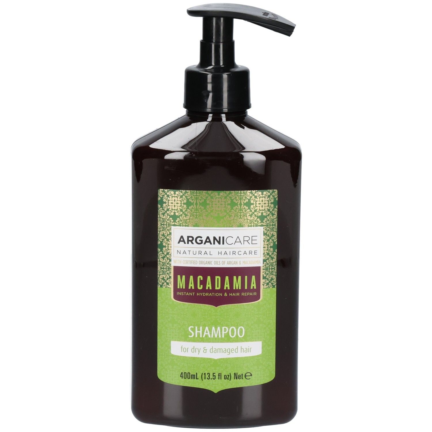 Flacon pompe brun avec étiquette verte pour shampooing Macadamia, pour cheveux secs et abîmés.