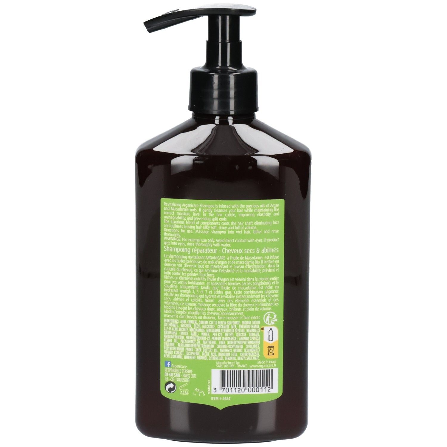 Arrière d'un flacon pompe brun avec étiquette verte listant les ingrédients et les instructions d'utilisation du shampooing Macadamia.