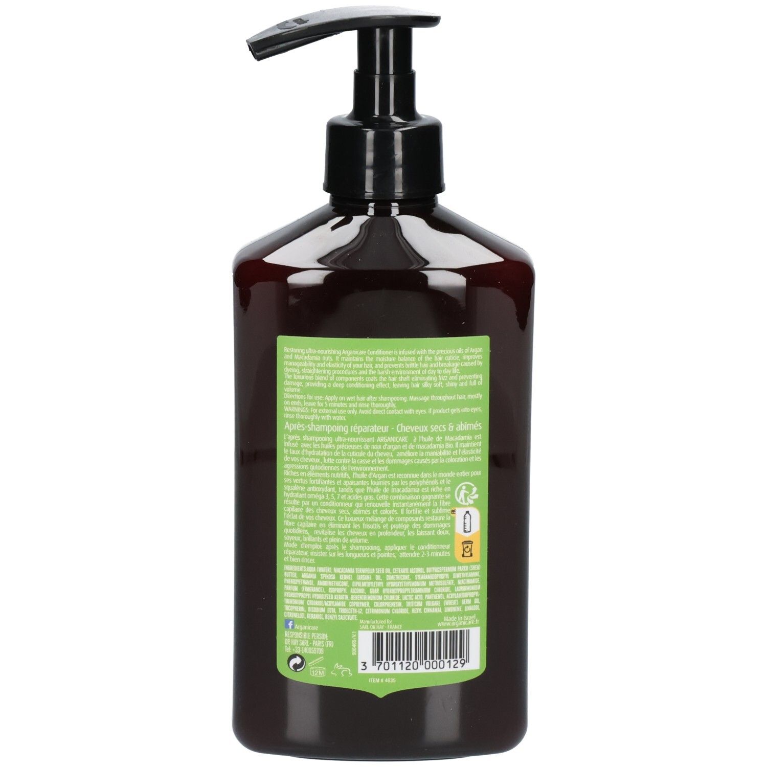 Arrière de la bouteille d'Arganicare Macadamia Conditioner avec pompe.