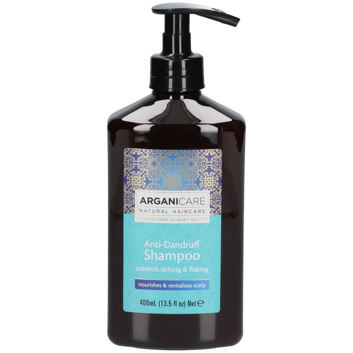 Shampoing antipelliculaire Arganicare dans une bouteille foncée avec distributeur à pompe, 400ml.